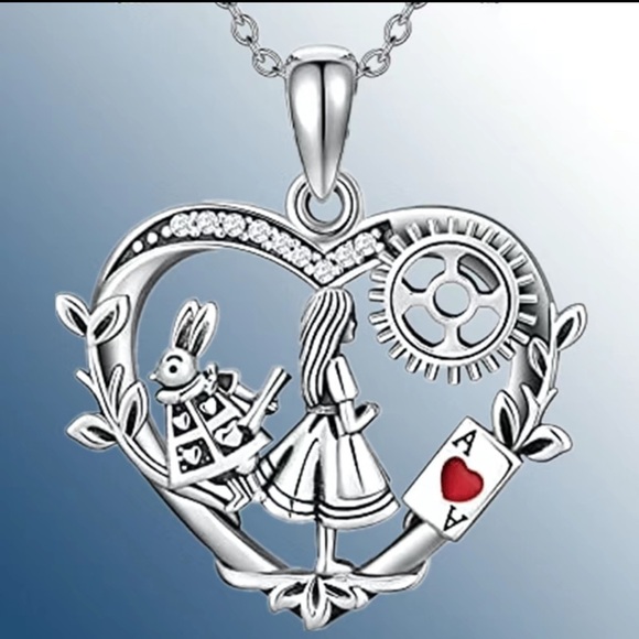Alice In Wonderland Necklace Pendant and Chain Women’s Silver Tone Red Heart - Picture 16 of 16